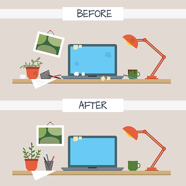 Before and after declutter desk